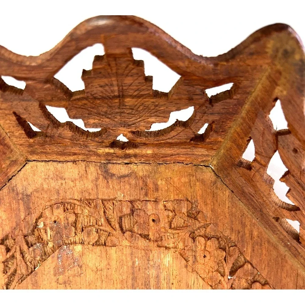VTG Boho Floral India Folk Art Hand Carved Wood Tray Wall Hanging Octagonal  12